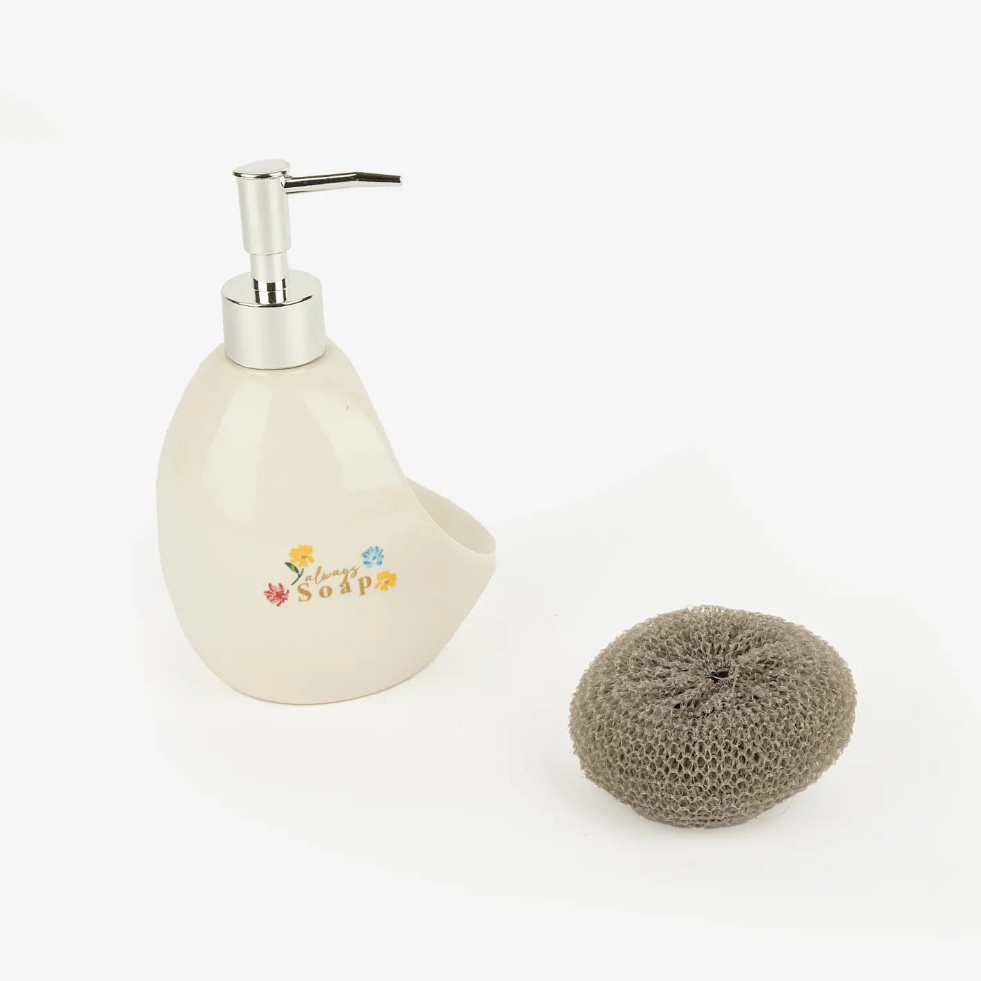 Dispensador de jabón de cocina de cerámica con estropajo Flores 11x9x18cm^Casa Viva