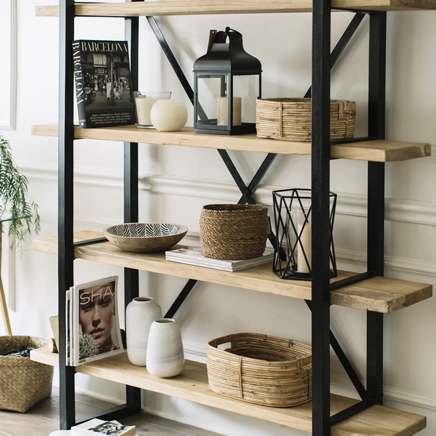 Estantería de madera de olmo reciclada con 4 estantes 150x35x180cm^Casa Viva Discount