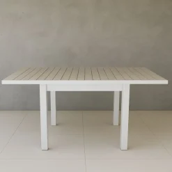 Mesa de jardín extensible de aluminio blanco con efecto madera Albir 90/180x90x76cm^Casa Viva Discount