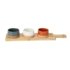 Set de 3 bols de gres de colores con bandeja madera^Casa Viva Best