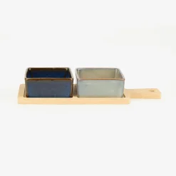 Set de 2 cuencos de cerámica de colores con bandeja de madera^Casa Viva Hot